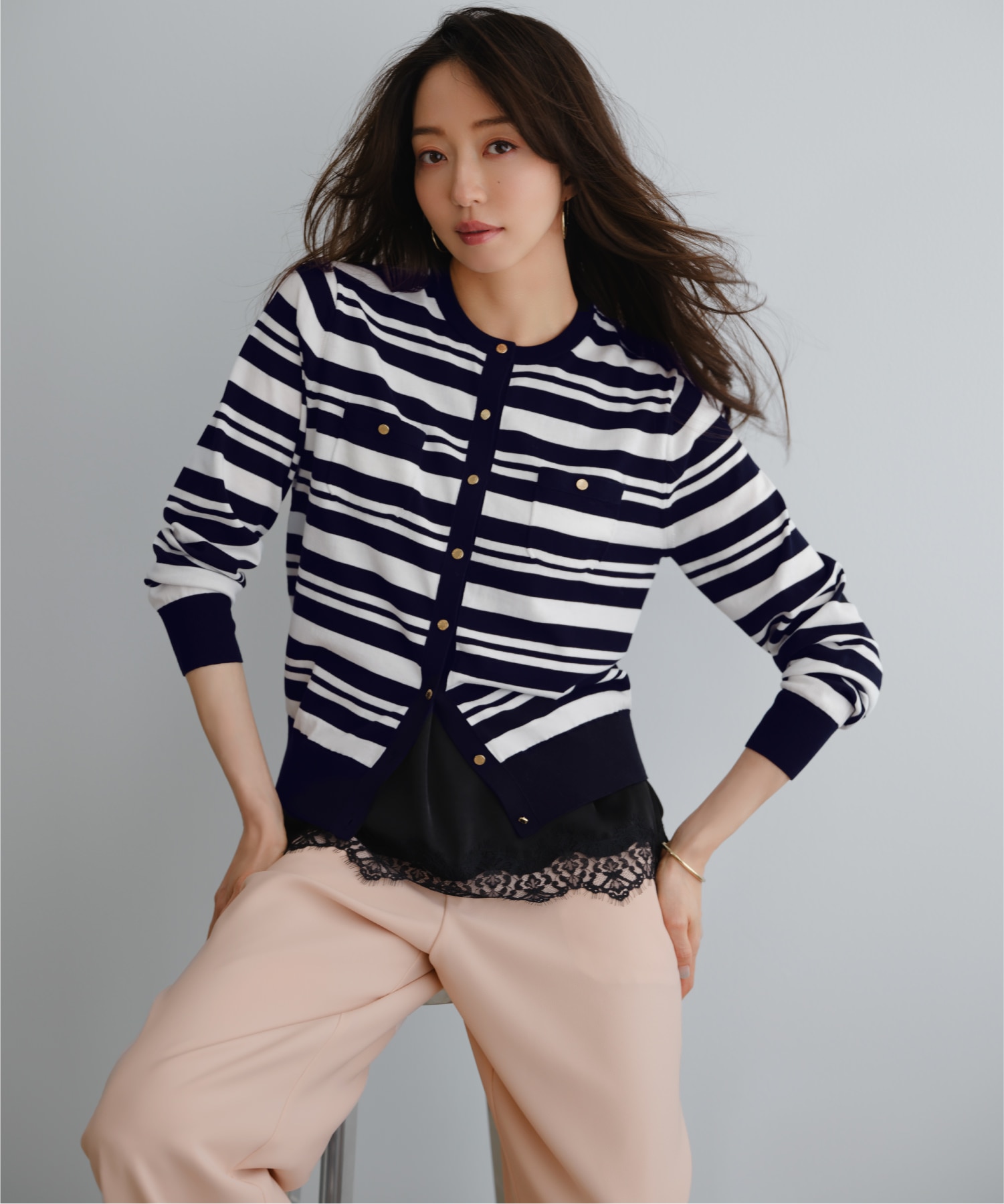 23区 ボーダーカーディガン レース ピンク 春ニュアンスコーデ