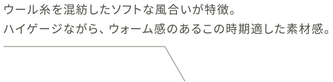ウール糸を混紡したソフトな風合いが特徴。ハイゲージながら、ウォーム感のあるこの時期適した素材感。
