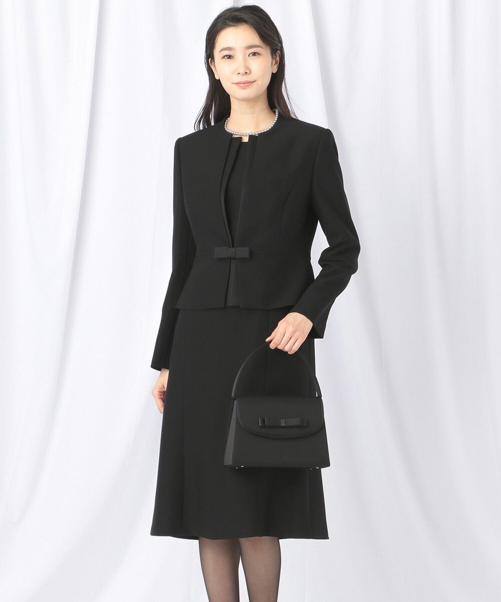 【オンワード】 自由区 FORMAL>スーツ/ネクタイ 【前開きワンピース】ドビーボーダーリボン ジャケット+ワンピース ブラック 40 レディース 【送料無料】