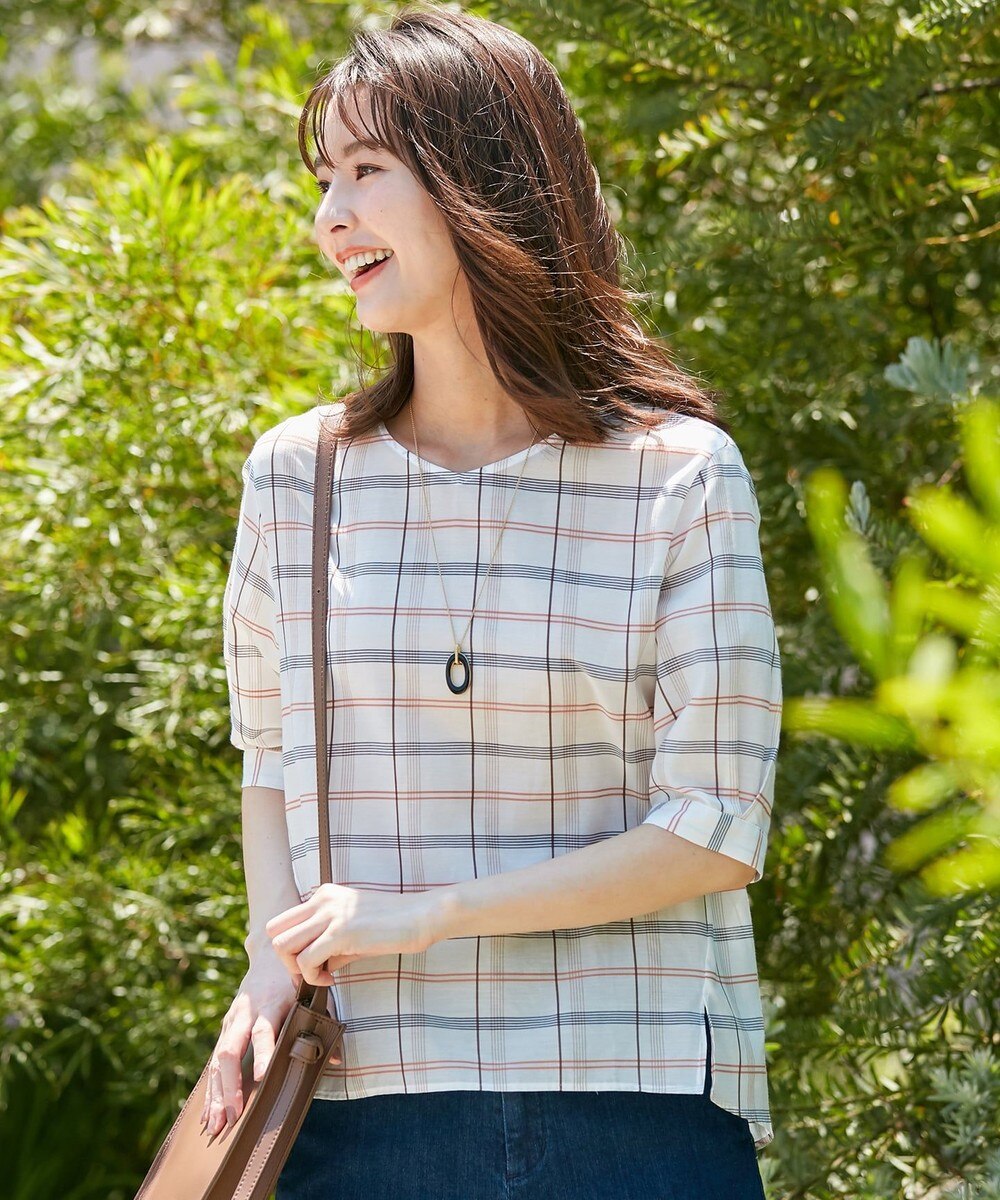 【オンワード】 J.PRESS LADIES>トップス 【洗える】キュプラコットンドビーチェック 5分袖ブラウス ブルー 11 レディース 【送料無料】