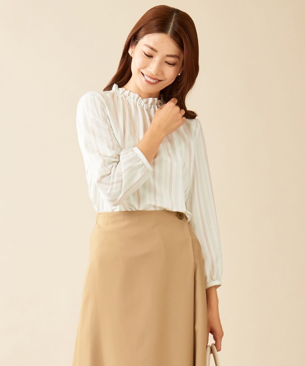 【オンワード】 J.PRESS LADIES>トップス 【洗える】ストライプ ギャザーカラー ブラウス グリーン 9 レディース 【送料無料】