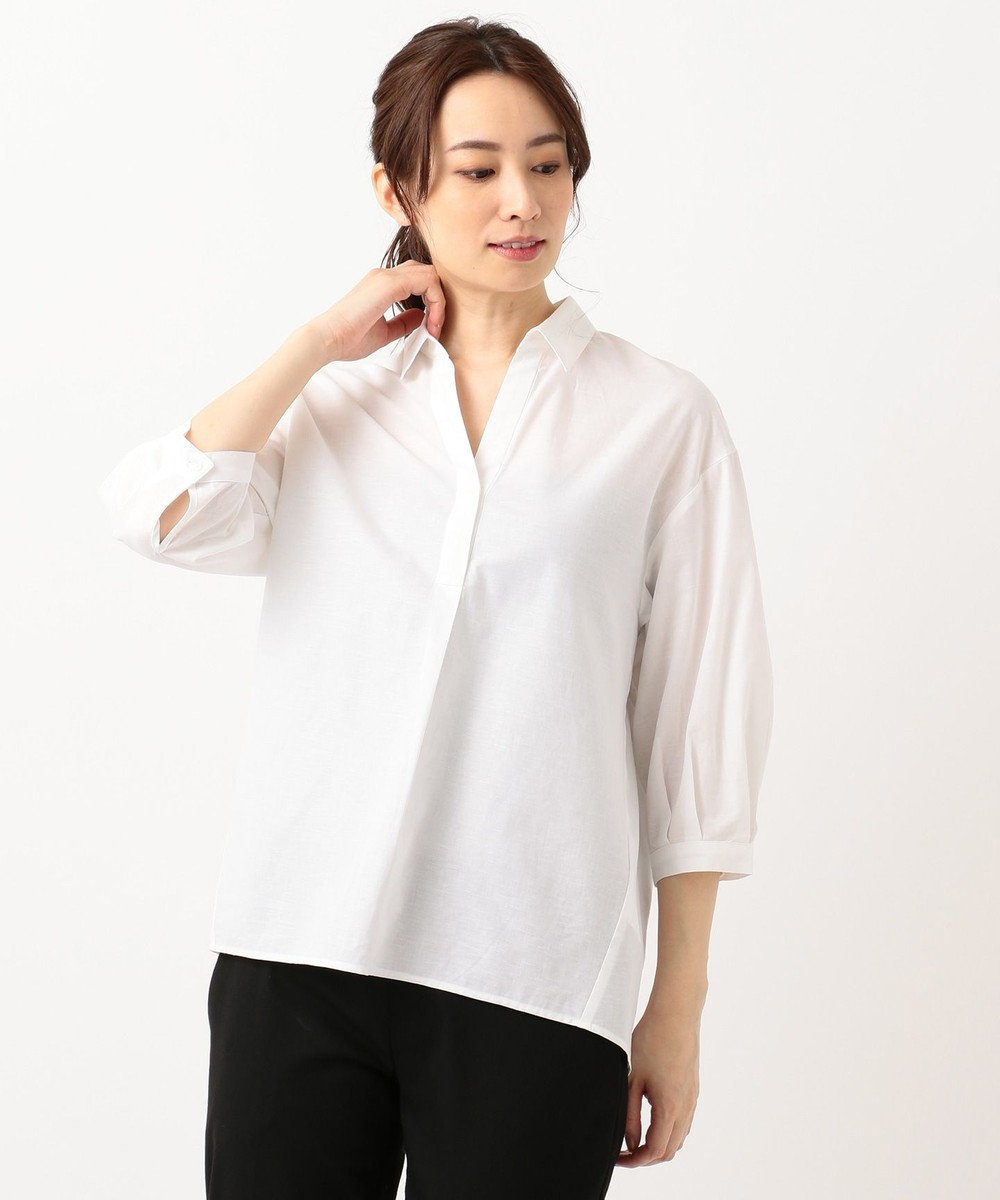 J.PRESS LADIES 【洗える】BEZピンチェック スキッパーシャツ ホワイト系