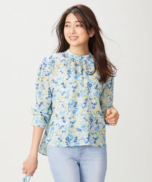【洗える】マルチパターンプリント スタンドカラー ブラウス