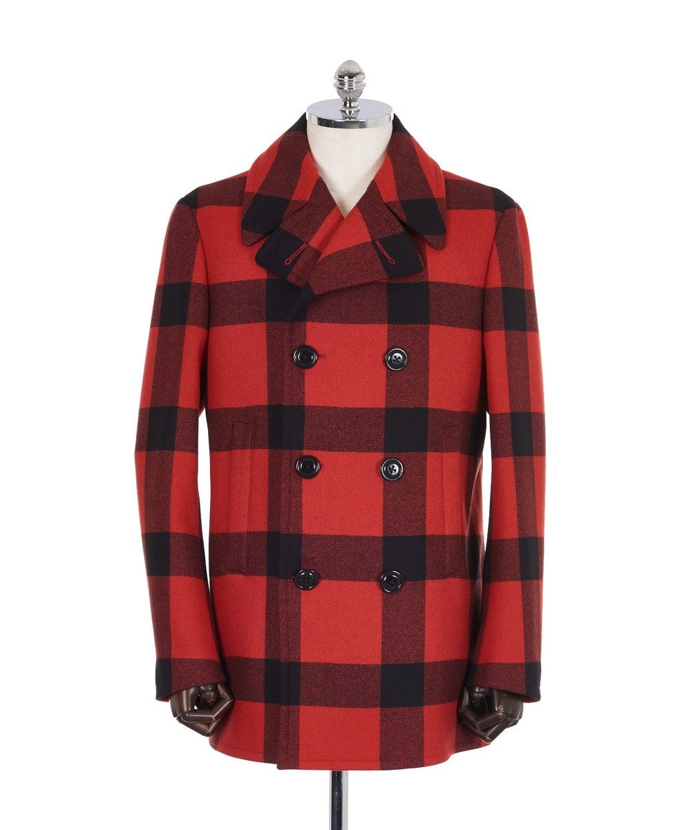 ピーコート　赤×黒　チェック　メンズ　コート　ジャケット　Lサイズ