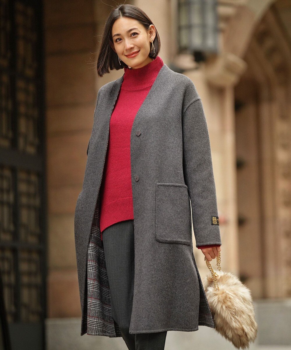 【オンワード】 自由区>ジャケット/アウター 【リバーシブル・軽量】SOFT DOUBLE FACE ロングノーカラーコート ライラック 42 レディース 【送料無料】