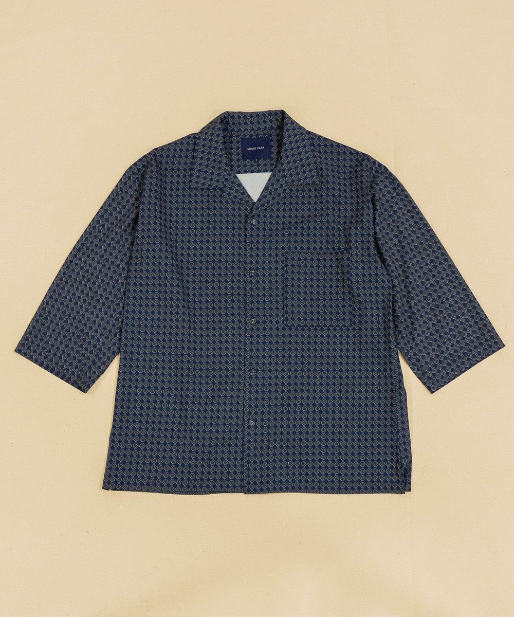 SHARE PARK MENS 7分袖総柄オープンカラーシャツ ブルー系1
