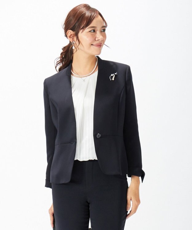 J.PRESS LADIES S 【ニオイ菌抑制】洗えるヴィーナスダブルクロス ノーカラージャケット ネイビー系