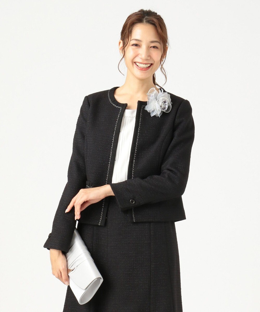 【オンワード】 any SiS S>ジャケット/アウター 【セットアップ対応】リップルボーダーストレッチ ノーカラージャケット ブラック 0 レディース 【送料無料】