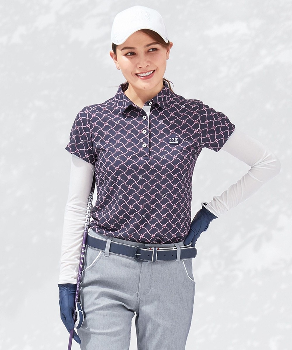 【オンワード】 23区GOLF>トップス 【WOMEN】【ストレッチ】水引モチーフプリント 鹿の子シャツ ネイビー 0 レディース 【送料無料】