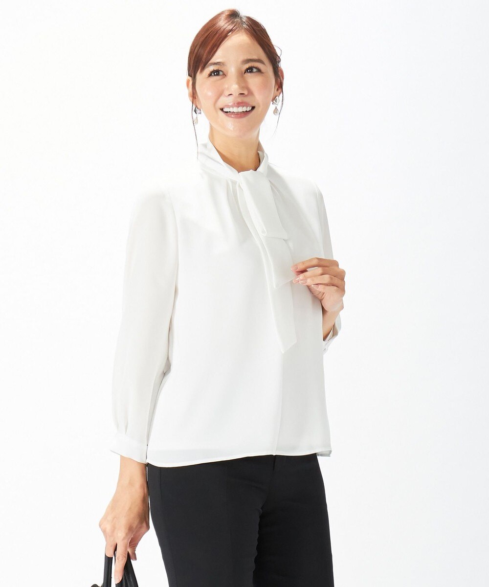 【オンワード】 J.PRESS LADIES L>トップス 【洗える】サテンストライプ&PEツイル ボータイ ブラウス サックスブルー T15 レディース 【送料無料】