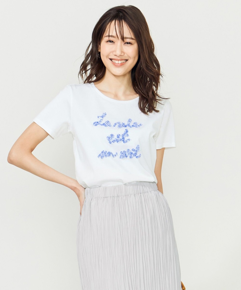 【オンワード】 組曲 L>トップス 【洗える】フレンチロゴTシャツ 刺繍ロゴ ホワイト 5 レディース 【送料無料】