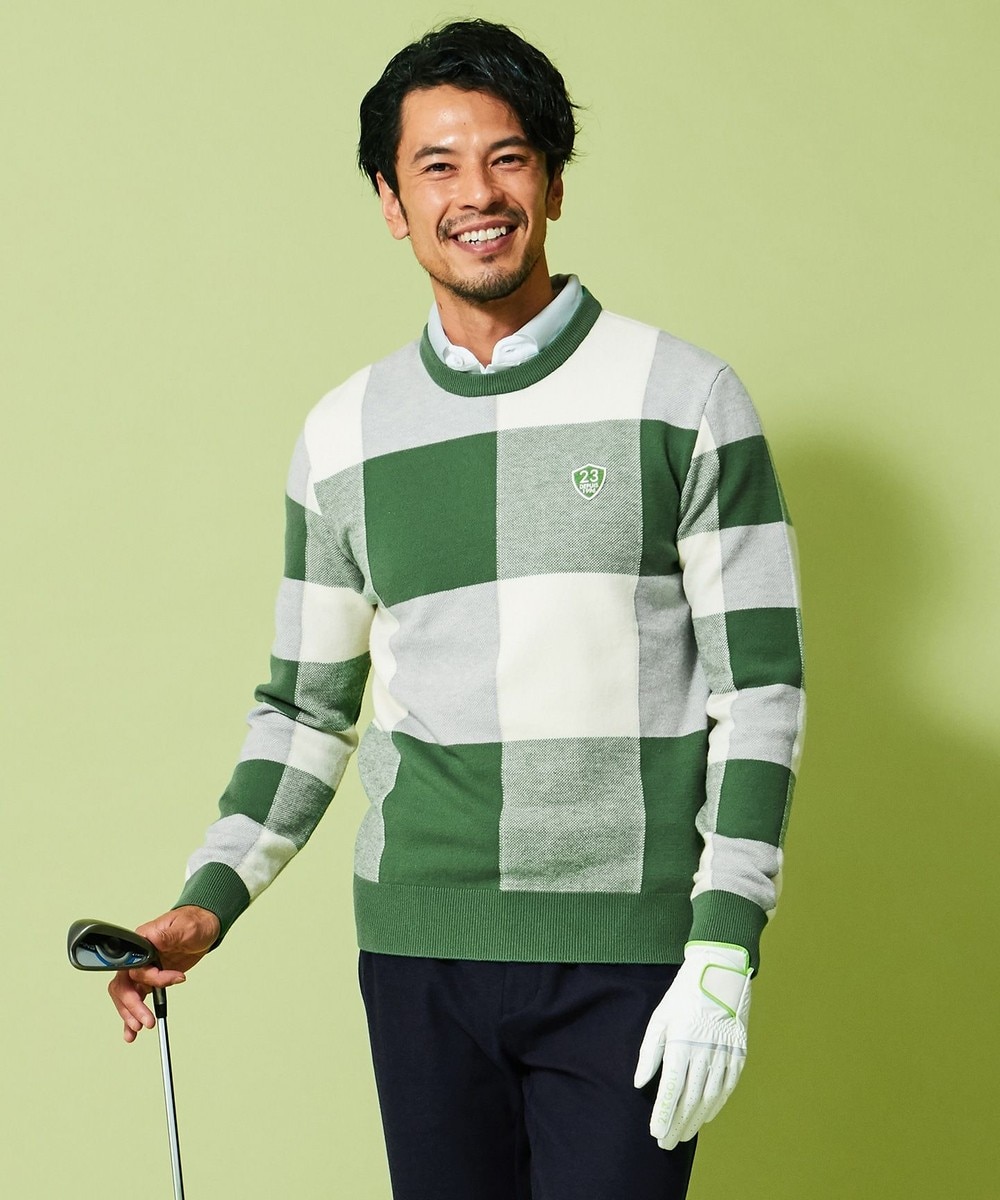 【オンワード】 23区GOLF>トップス 【MEN】【洗える】チェック柄 クルーネックニット ネイビー L メンズ 【送料無料】