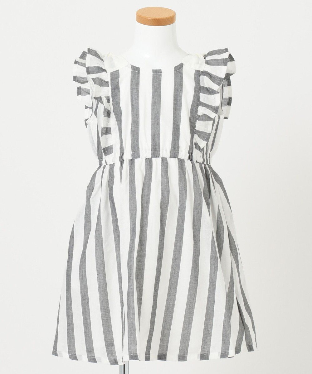 90 130cm ストライプ肩リボン ワンピース ブラック系1 90