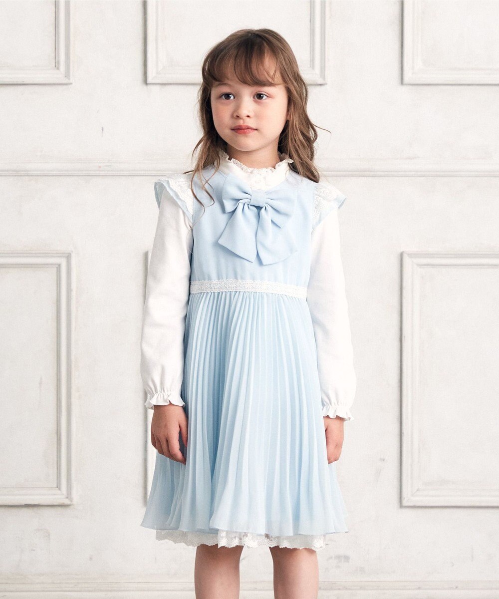 140 150cm シフォンプリーツ ワンピース サックスブルー系 140
