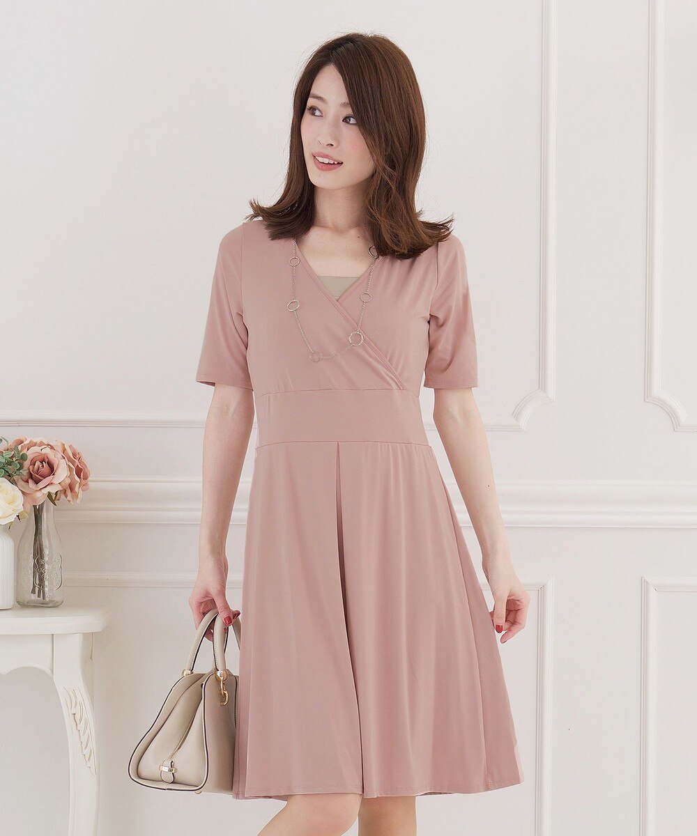 【五分袖・洗える】やせて見えるカシュクールジャージーワンピース