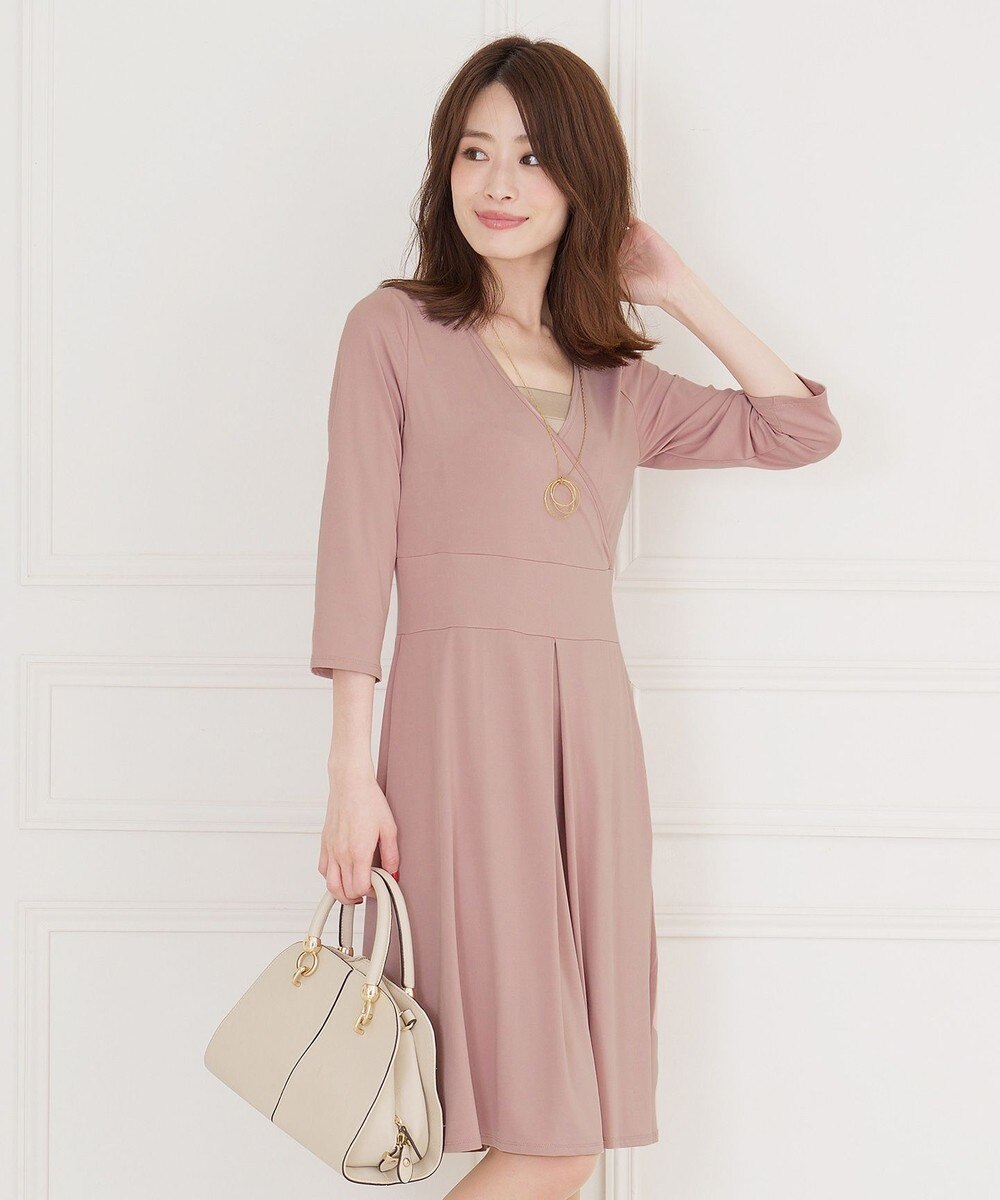 【七分袖・洗える】やせて見えるカシュクールジャージーワンピース