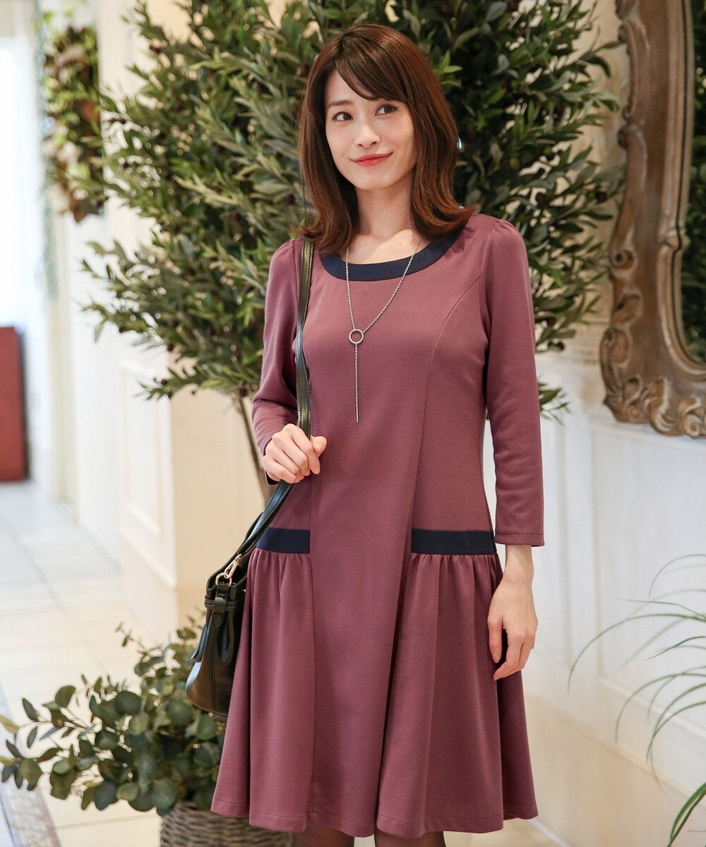 【洗える】きれいめローウエスト配色ワンピース