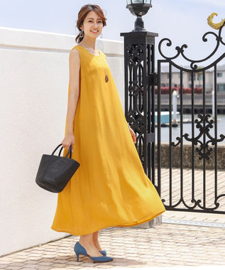 洗える シンプルなaラインマキシ丈ワンピース イエロー 9