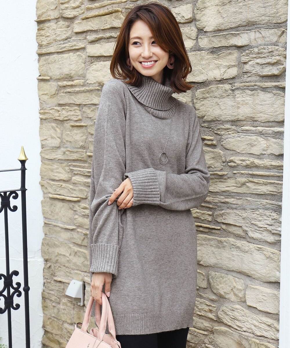 【オンワード】 Tiaclasse>ワンピース 【洗える】もっちり素材のリブタートルニットチュニック グレー L レディース 【送料無料】