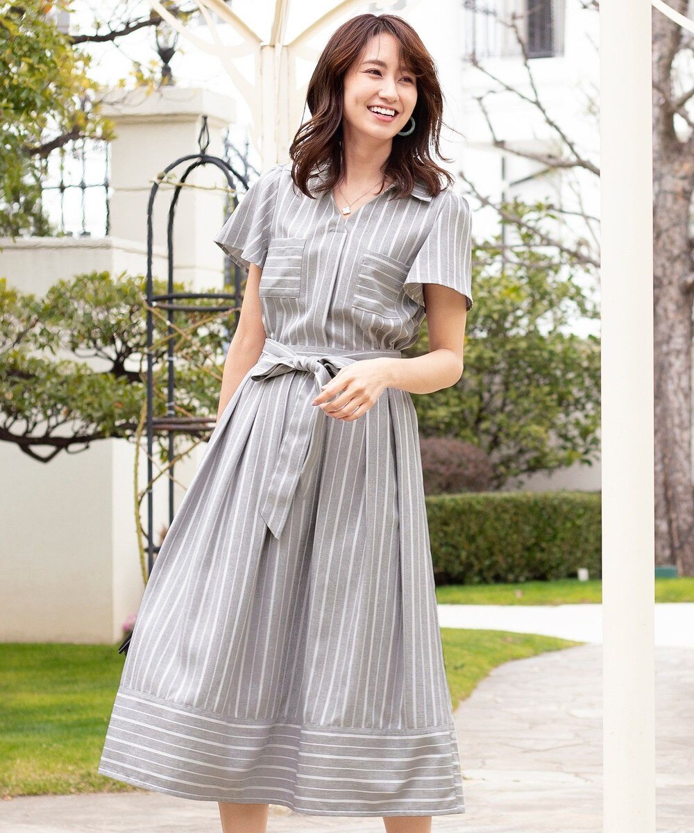 【洗える】1枚で着映えするフレア袖ストライプシャツワンピース