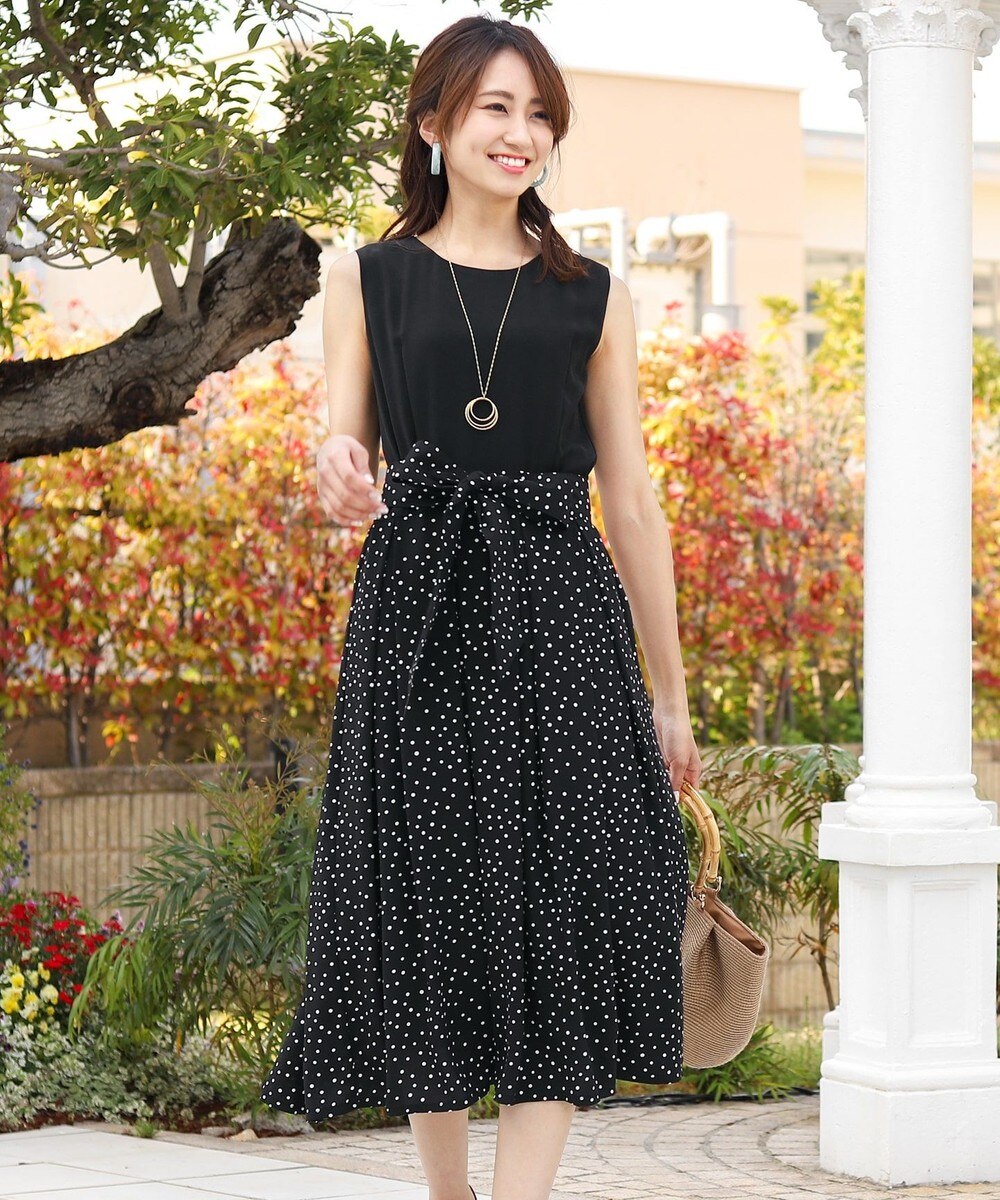 【洗える】大人上品なモノトーンプリントコンビワンピース