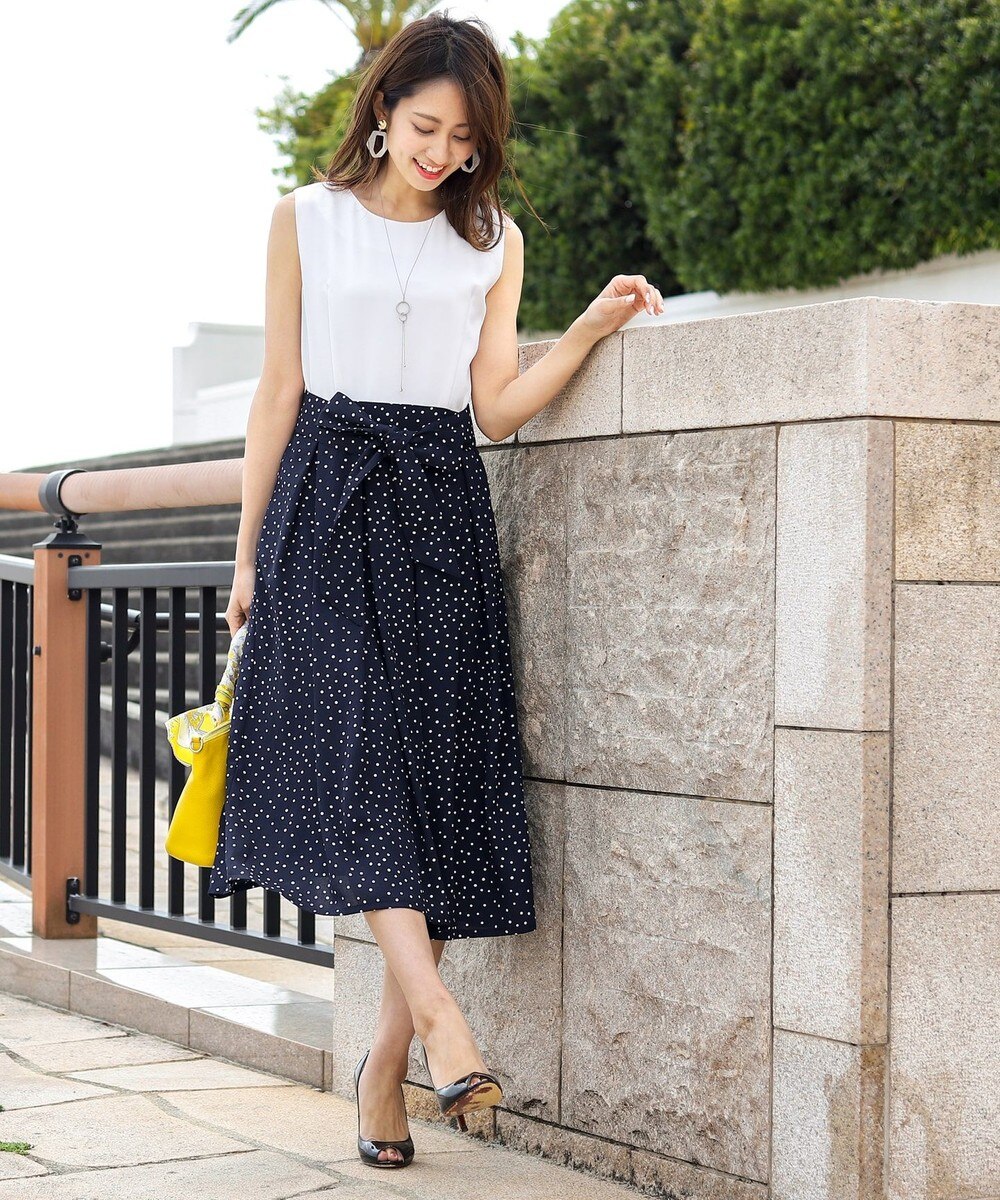 【洗える】大人上品なモノトーンプリントコンビワンピース