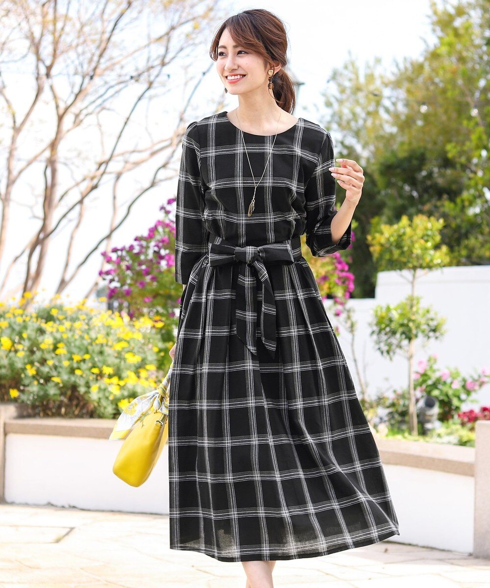 【洗える】大人上品なチェック柄ミモレワンピース