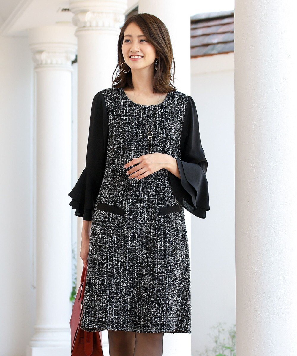【洗える】女性らしさ薫るツイードフレア袖コンビワンピース