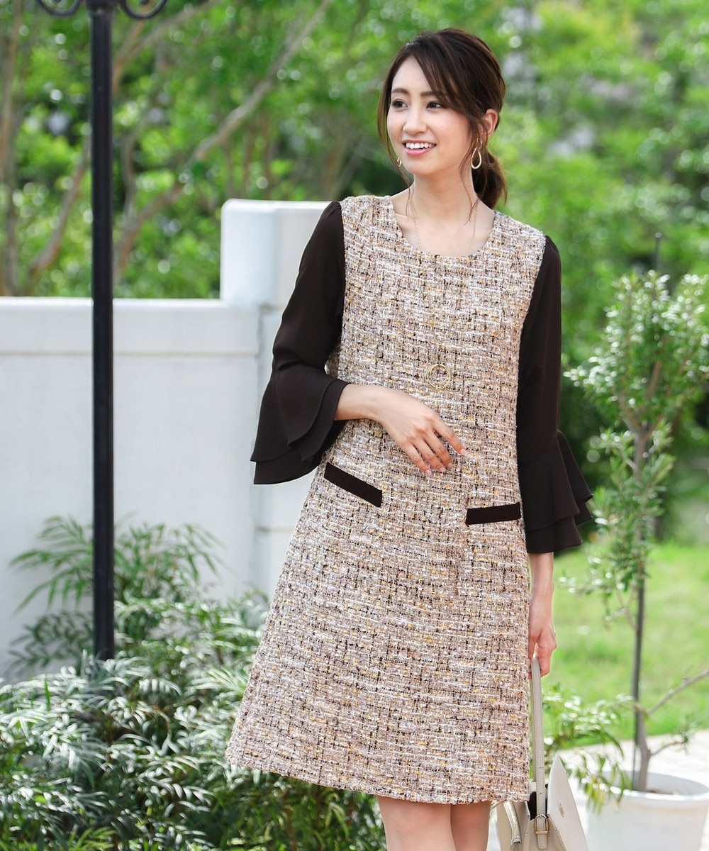 【オンワード】 Tiaclasse>ワンピース 【洗える】女性らしさ薫るツイードフレア袖コンビワンピース ベージュ 7 レディース 【送料無料】