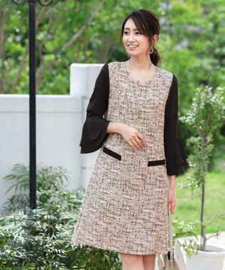 洗える 女性らしさ薫るツイードフレア袖コンビワンピース ベージュ 7