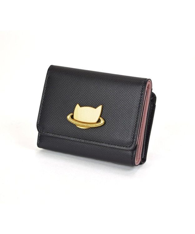 二つ折り財布　ミニ財布　ミニウォレット　財布　ネコ　猫　レディース　ブラック　黒