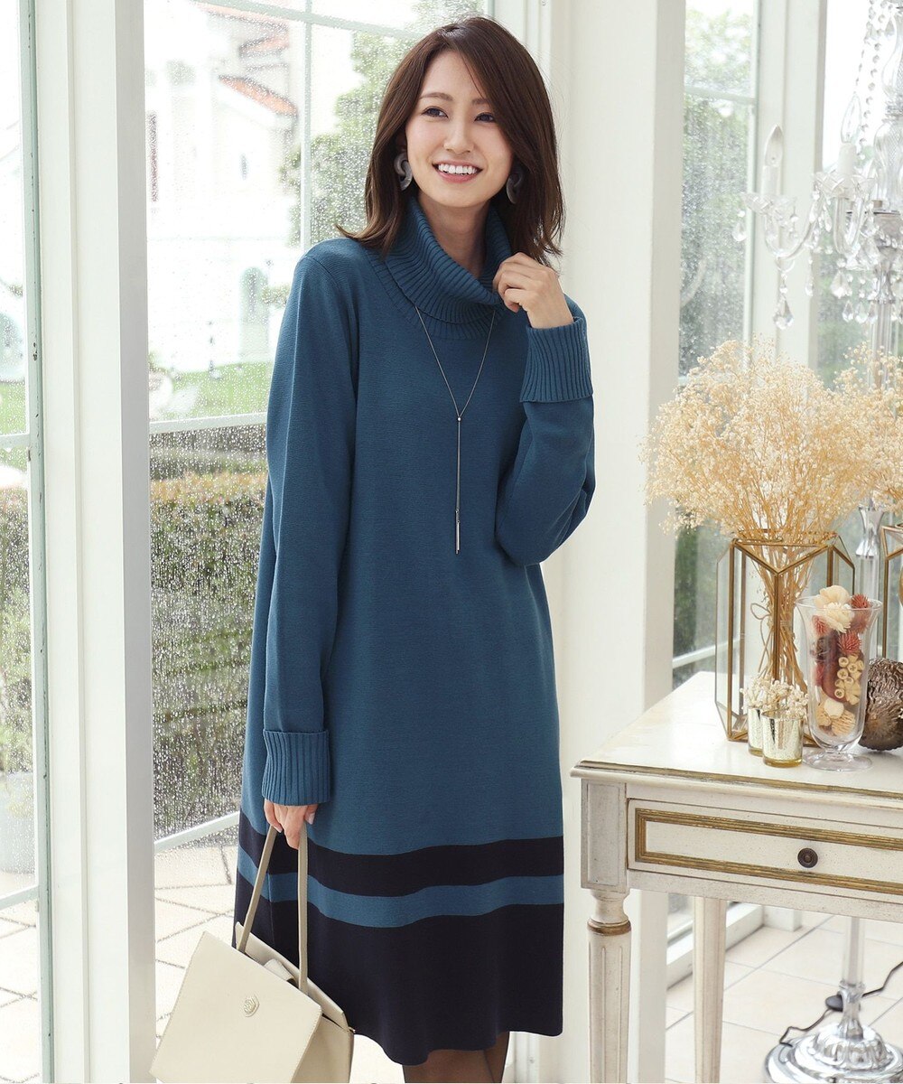 【洗える】ミラノリブ編みの配色タートルニットワンピース