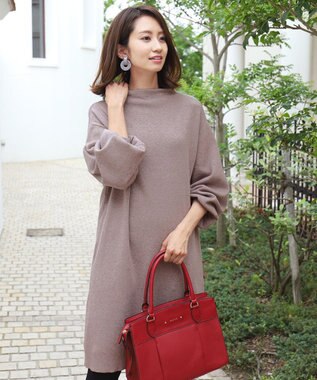 Tiaclasse L 【洗える】着心地抜群のボトルネック袖コンニットワンピース モカ