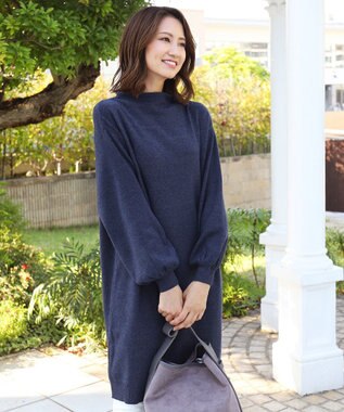 Tiaclasse L 【洗える】着心地抜群のボトルネック袖コンニットワンピース ネイビー