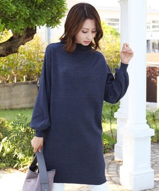 Tiaclasse L 【洗える】着心地抜群のボトルネック袖コンニットワンピース ネイビー
