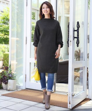 Tiaclasse L 【洗える】着心地抜群のボトルネック袖コンニットワンピース ブラック