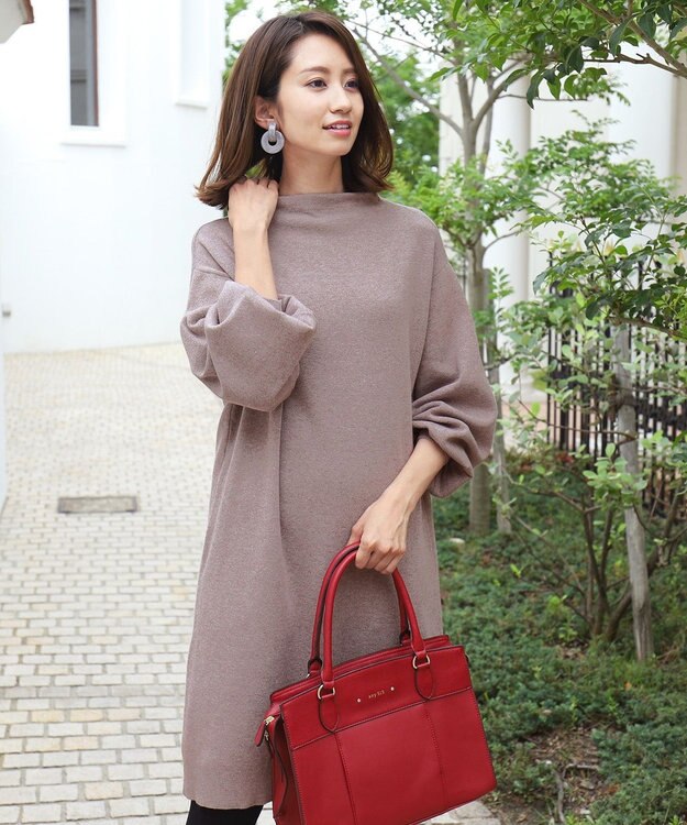 Tiaclasse L 【洗える】着心地抜群のボトルネック袖コンニットワンピース モカ