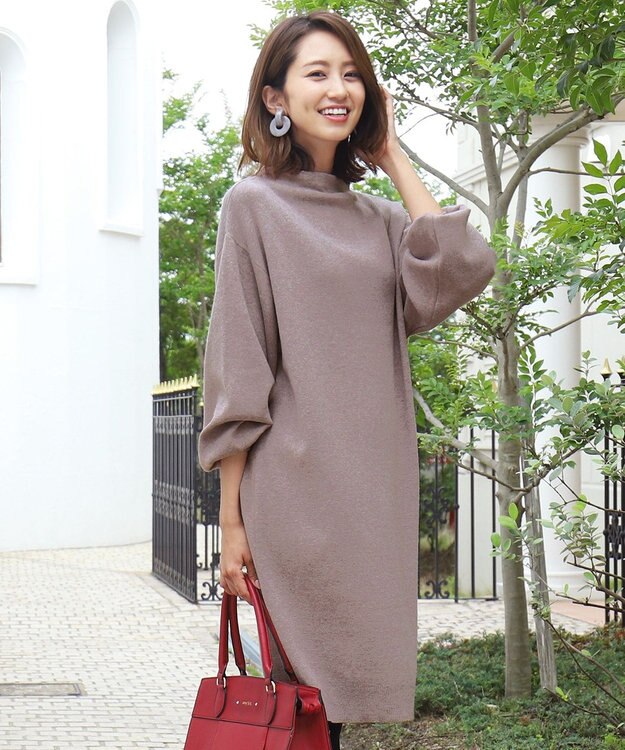 Tiaclasse L 【洗える】着心地抜群のボトルネック袖コンニットワンピース モカ