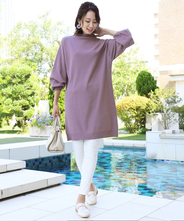 Tiaclasse L 【洗える】着心地抜群のボトルネック袖コンニットワンピース ラベンダー