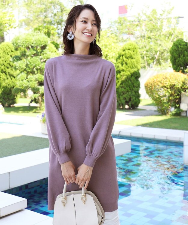 Tiaclasse L 【洗える】着心地抜群のボトルネック袖コンニットワンピース ラベンダー