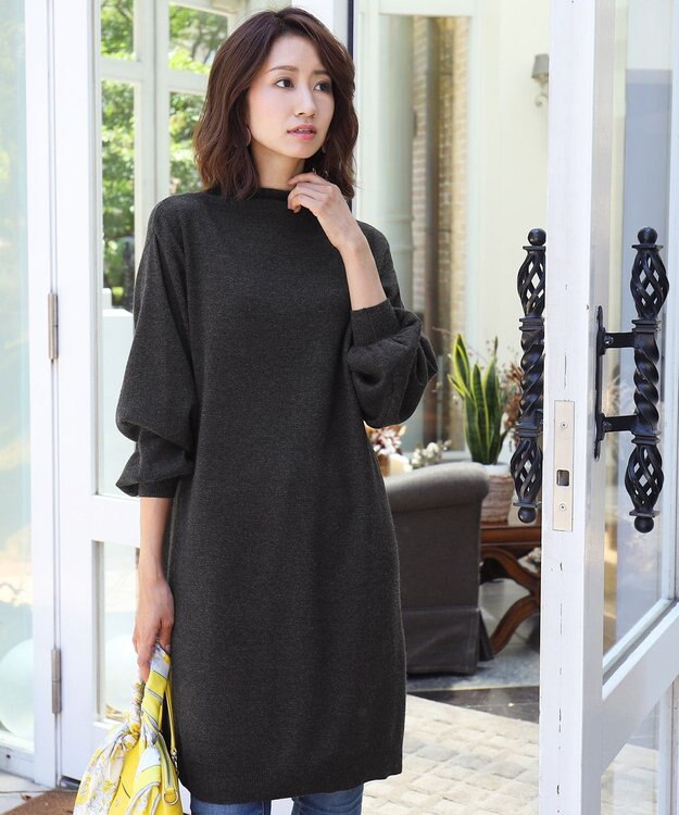 Tiaclasse L 【洗える】着心地抜群のボトルネック袖コンニットワンピース ブラック