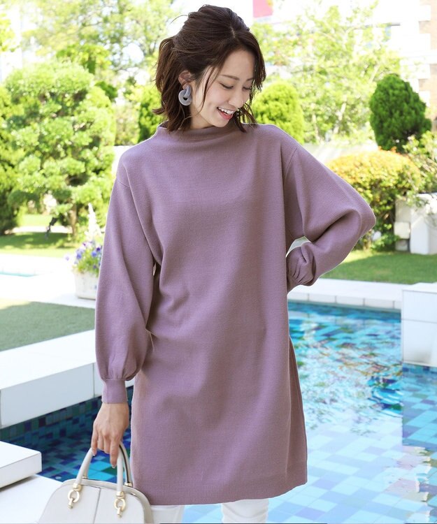 Tiaclasse L 【洗える】着心地抜群のボトルネック袖コンニットワンピース ラベンダー