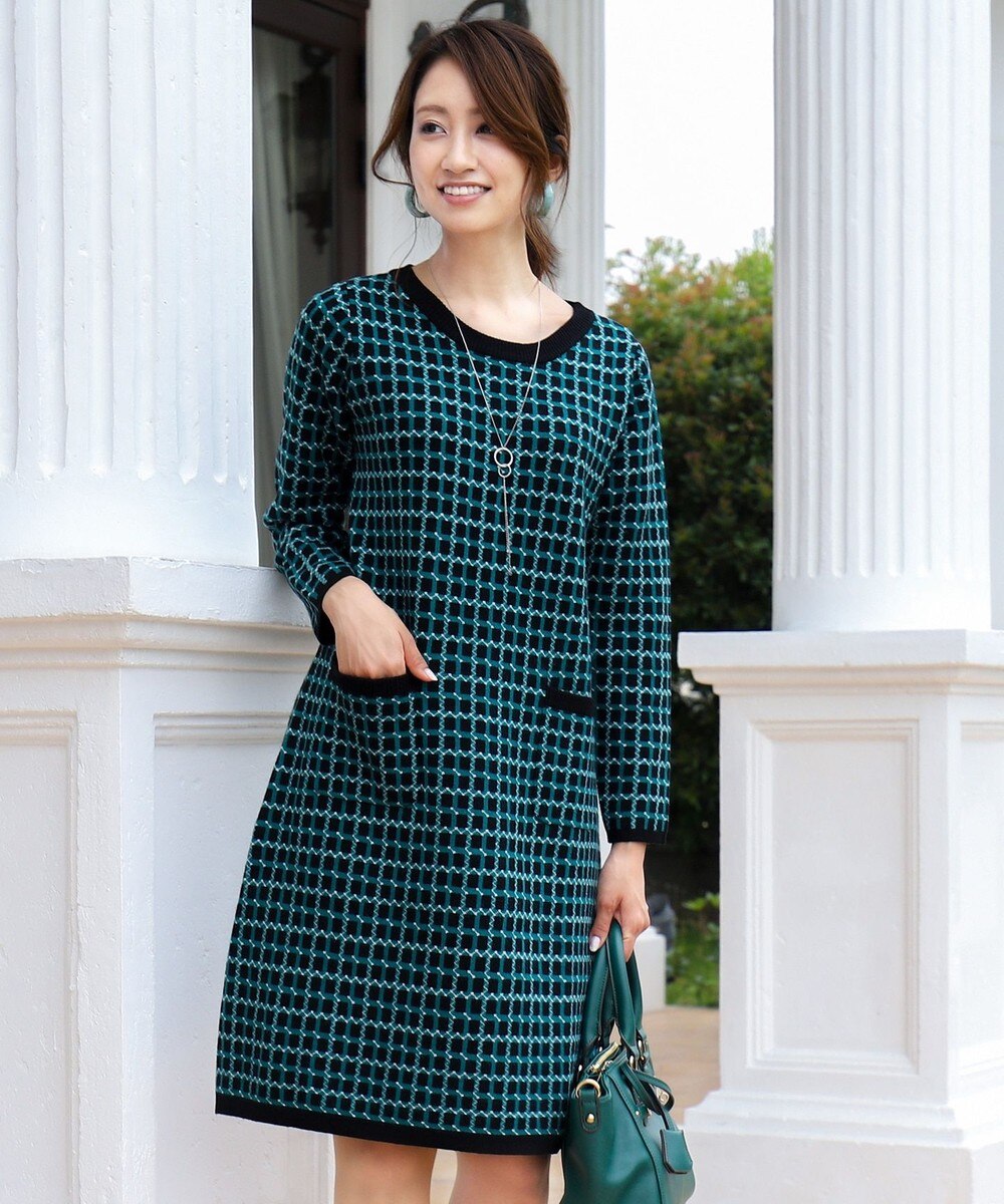 【洗える】大人上品なジャガードニット配色ワンピース