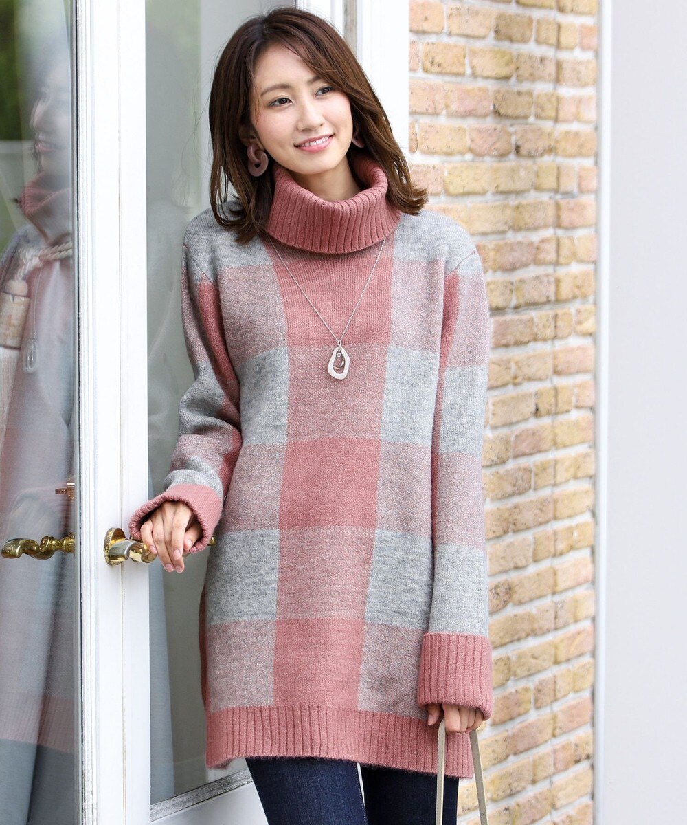 【洗える】スタイルカバーも叶うブロックチェックタートルニットチュニック