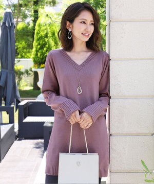  【洗える】もっちり素材のVネックリブニットチュニック