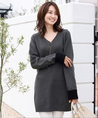 Tiaclasse L 【洗える】もっちり素材のVネックリブニットチュニック チャコールグレー