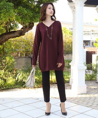 Tiaclasse L 【洗える】もっちり素材のVネックリブニットチュニック バーガンディ