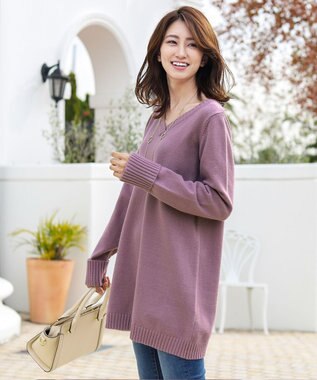 Tiaclasse L 【洗える】もっちり素材のVネックリブニットチュニック ラベンダー