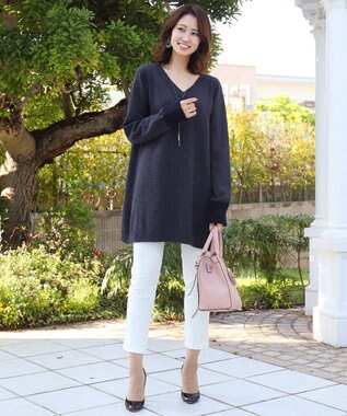 Tiaclasse L 【洗える】もっちり素材のVネックリブニットチュニック ネイビー