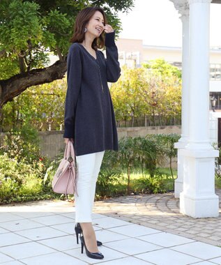 Tiaclasse L 【洗える】もっちり素材のVネックリブニットチュニック ネイビー